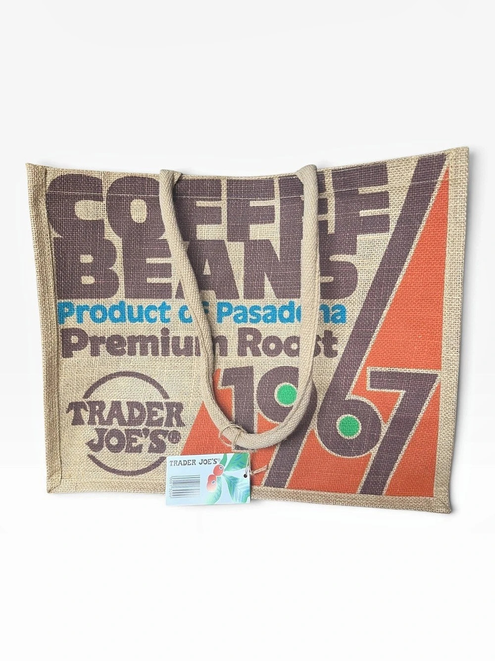 Trader Joe's Coffee Beans 1967 Jute Tote Bag Brown & Orange